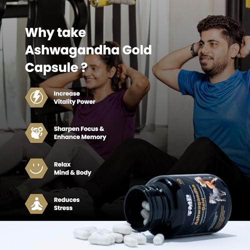 Extra Strength Ashwagandha Gold Capsules - Ayurvedic Stress & Sleep Support , Natural Energy & Immunity Booster , 60 Capsules per Bottle ( Pack of 2 )