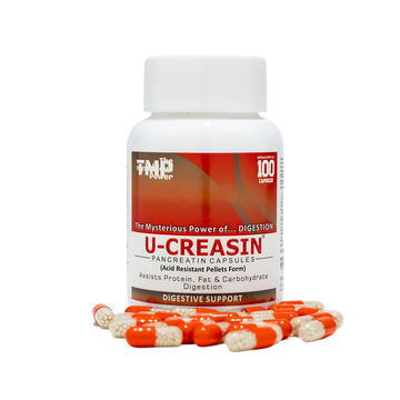 TMP U-CREASIN Pancreatin Capsules | Pancreatin Supplement Capsules | Digestive Support for Protein, Fat & Carbohydrate Digestion | Acid Resistant Pellets Technology (100 Capsules Pack)