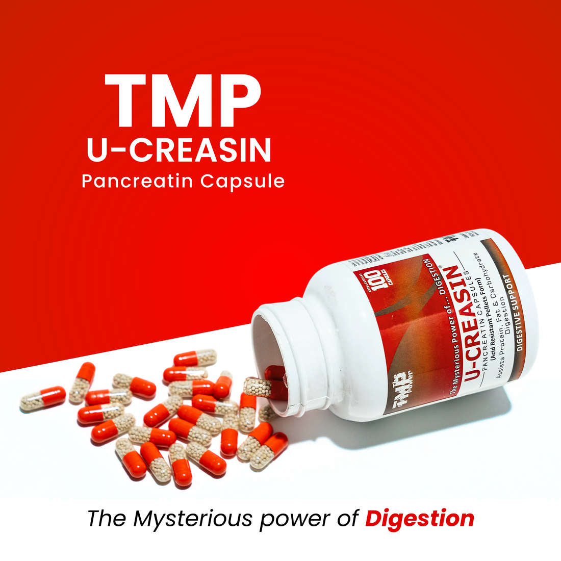 TMP U-CREASIN Pancreatin Capsules | Pancreatin Supplement Capsules | Digestive Support for Protein, Fat & Carbohydrate Digestion | Acid Resistant Pellets Technology (100 Capsules Pack)